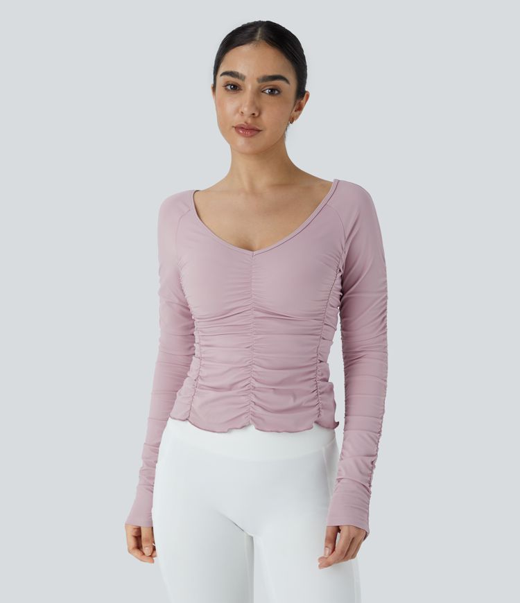 V-neck long sleeve ruched yoga sports top