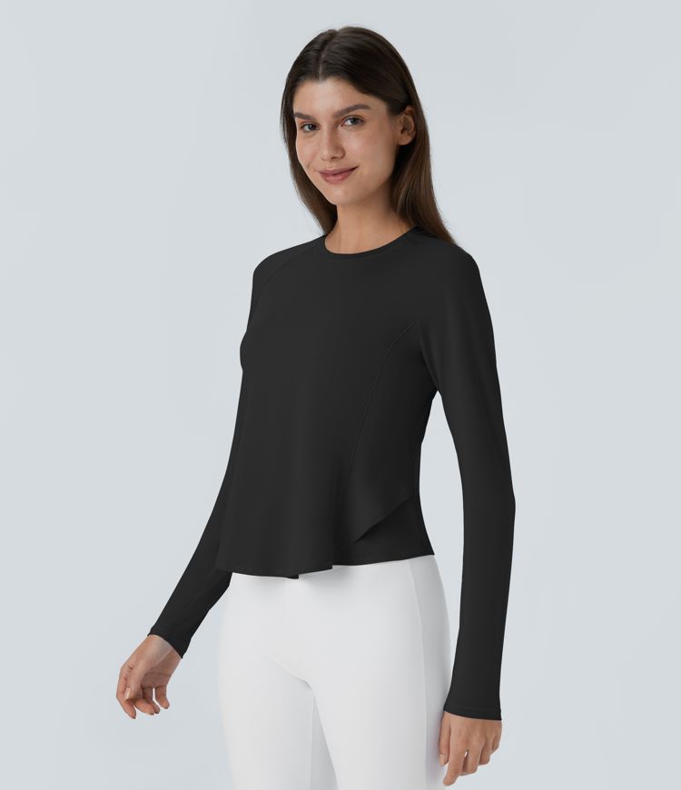 Round Neck Long Sleeve Ruffle Hem Running Sports Top