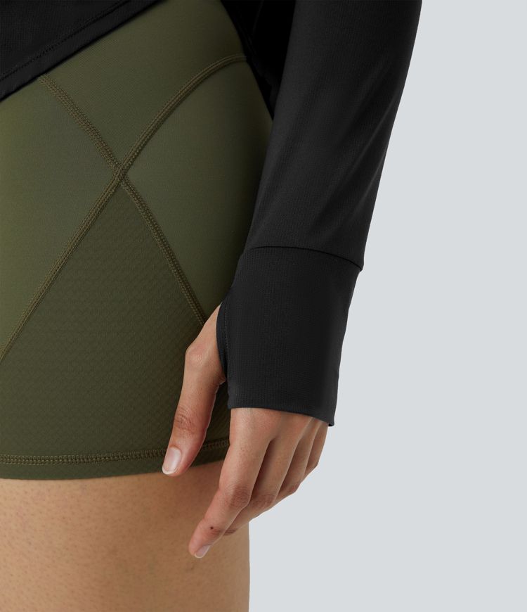 Yoga-Sport-Top mit Rundhalsausschnitt, Daumenloch, gefaltetem, abgerundetem Saum