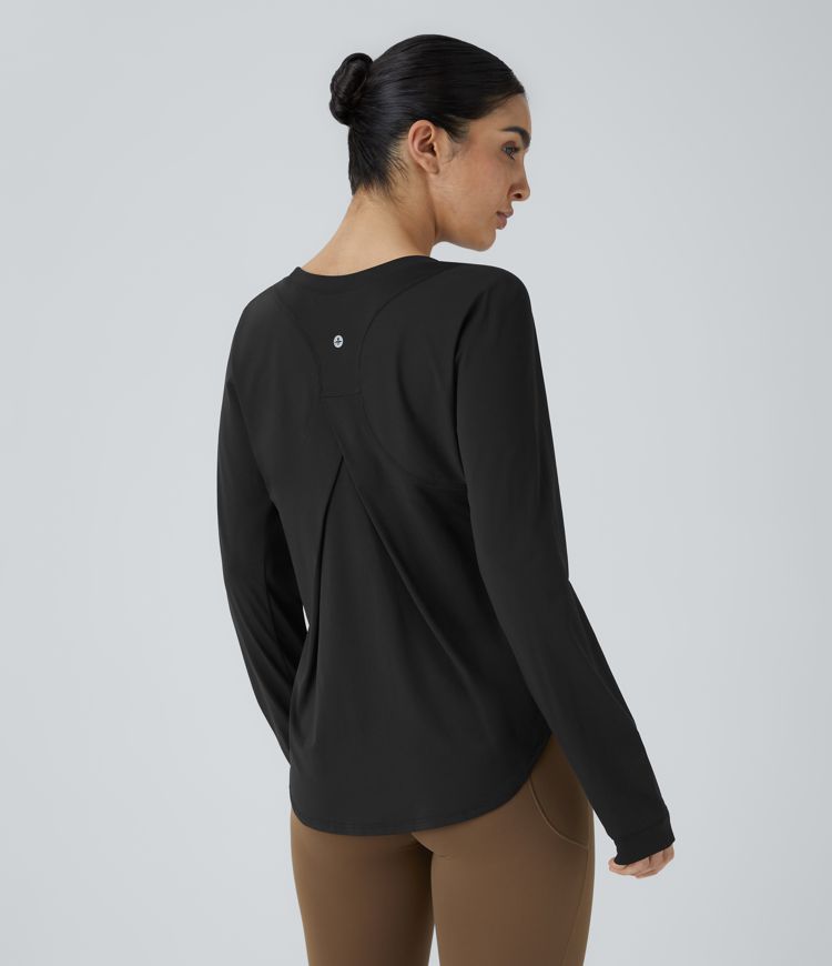 Round Neck Crossover Back High Low Curved Hem Hiking Sports Top