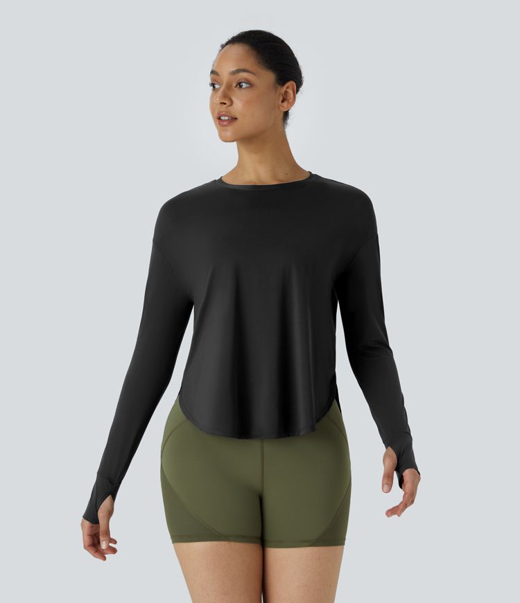 Yoga-Sport-Top mit Rundhalsausschnitt, Daumenloch, gefaltetem, abgerundetem Saum