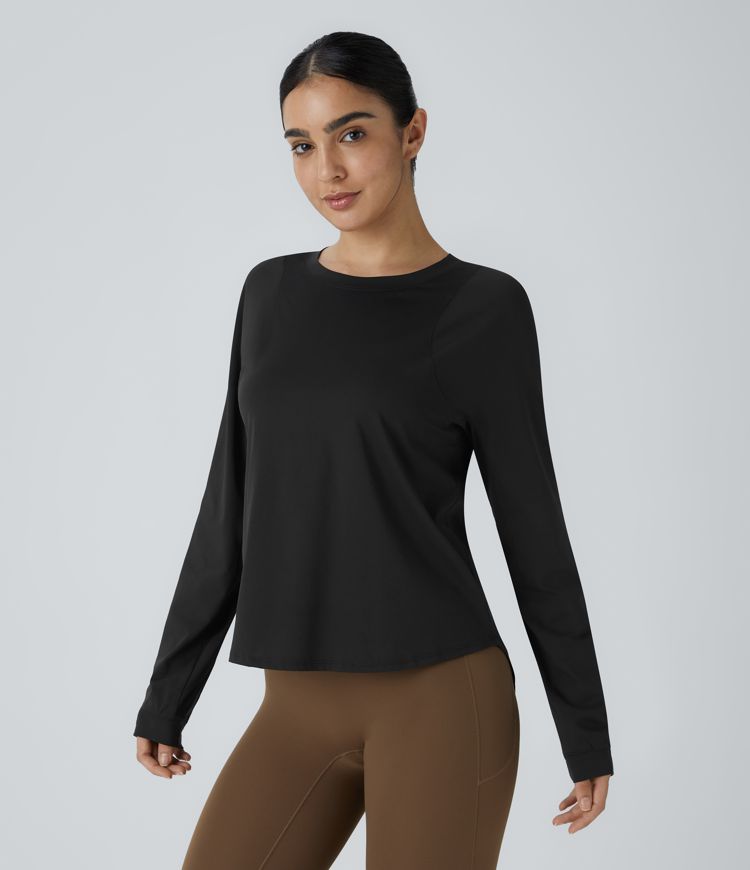 Round Neck Crossover Back High Low Curved Hem Hiking Sports Top