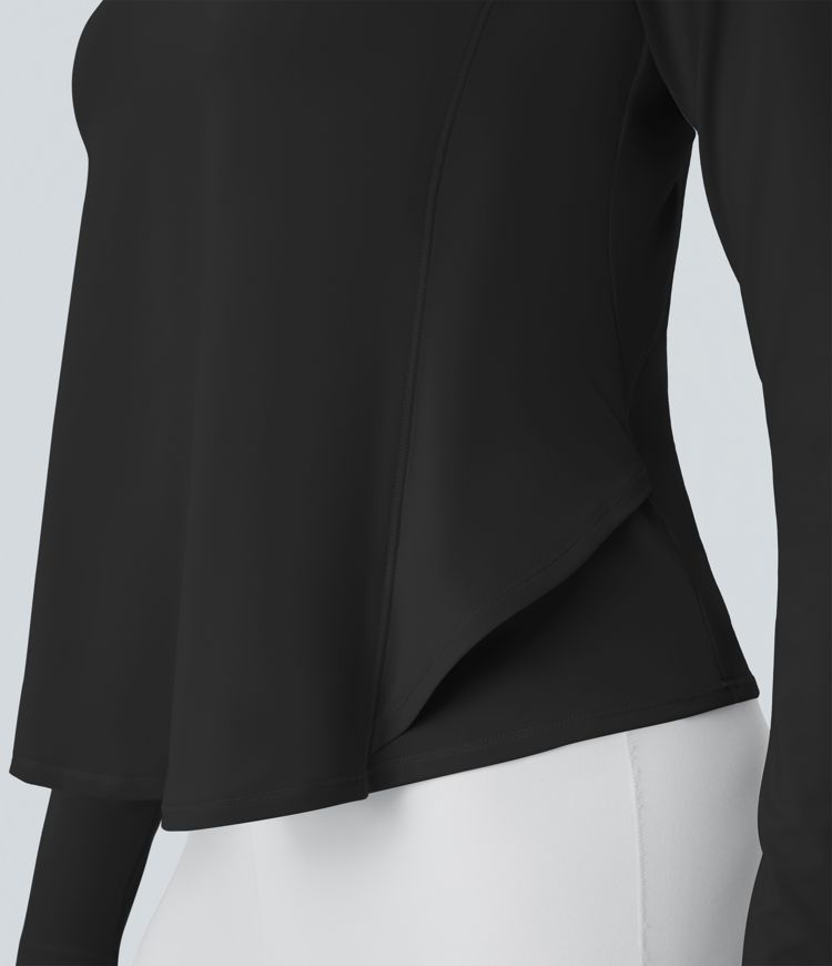 Round Neck Long Sleeve Ruffle Hem Running Sports Top