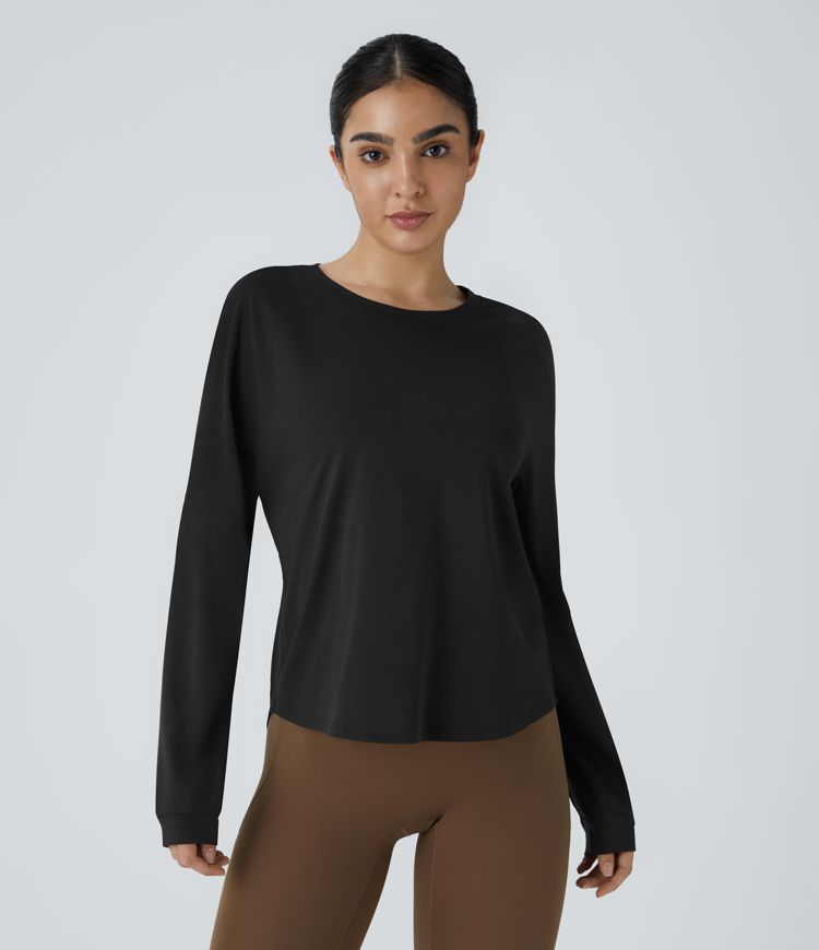 Round Neck Crossover Back High Low Curved Hem Hiking Sports Top