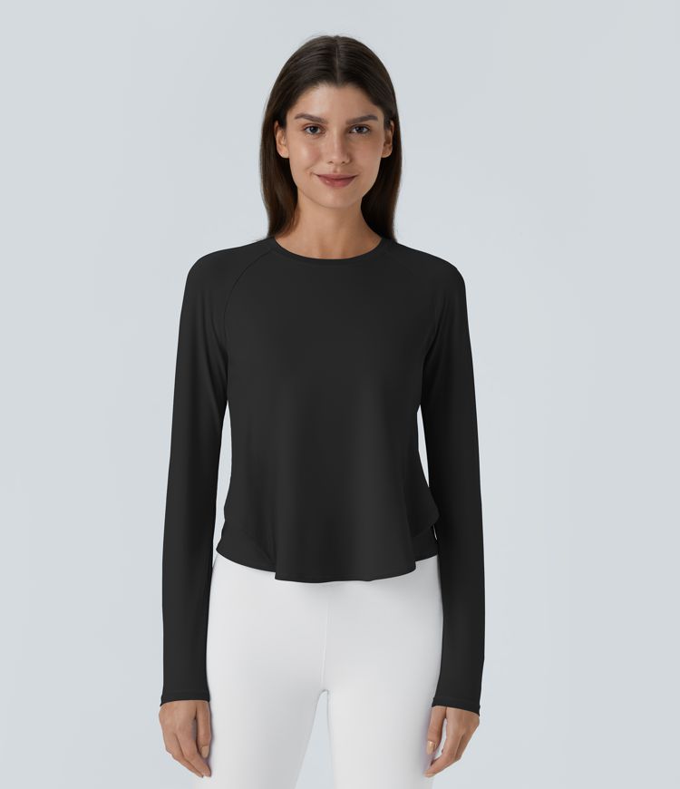 Round Neck Long Sleeve Ruffle Hem Running Sports Top