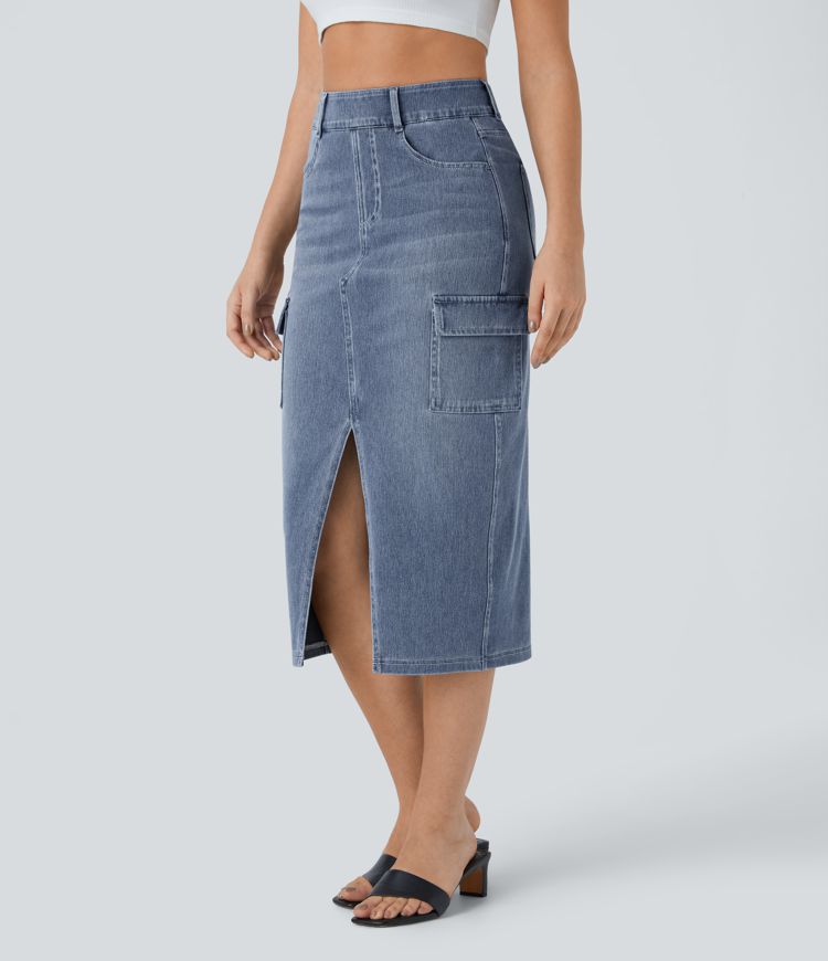Halara Flex™ Jupe en Jean cargo mi-longue tricot extensible lavé, taille haute, poches multiples, moulante avec fente