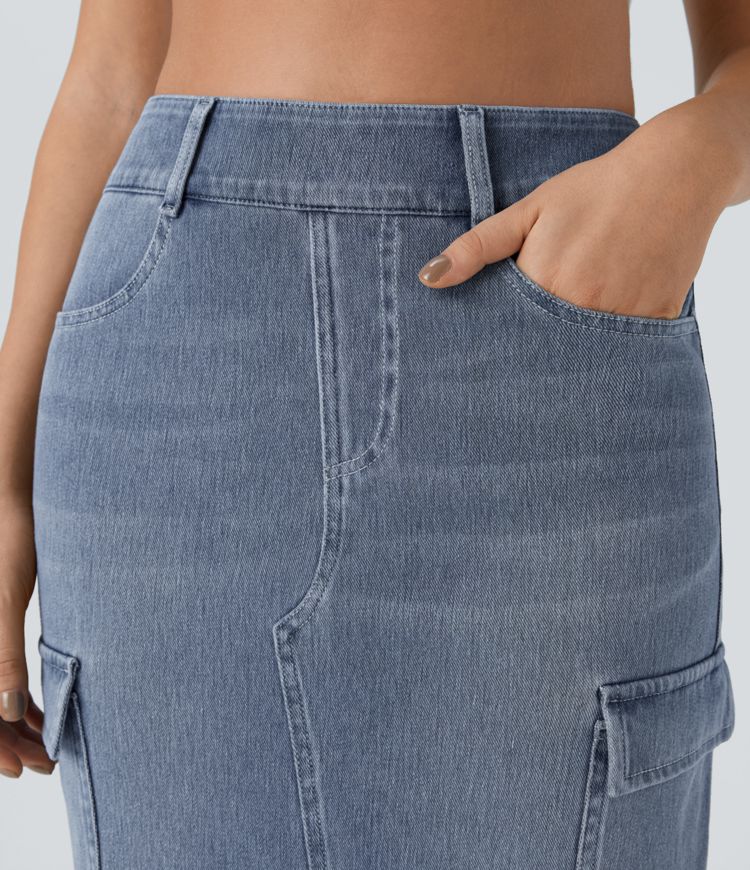 Halara Flex™ Jupe en Jean cargo mi-longue tricot extensible lavé, taille haute, poches multiples, moulante avec fente