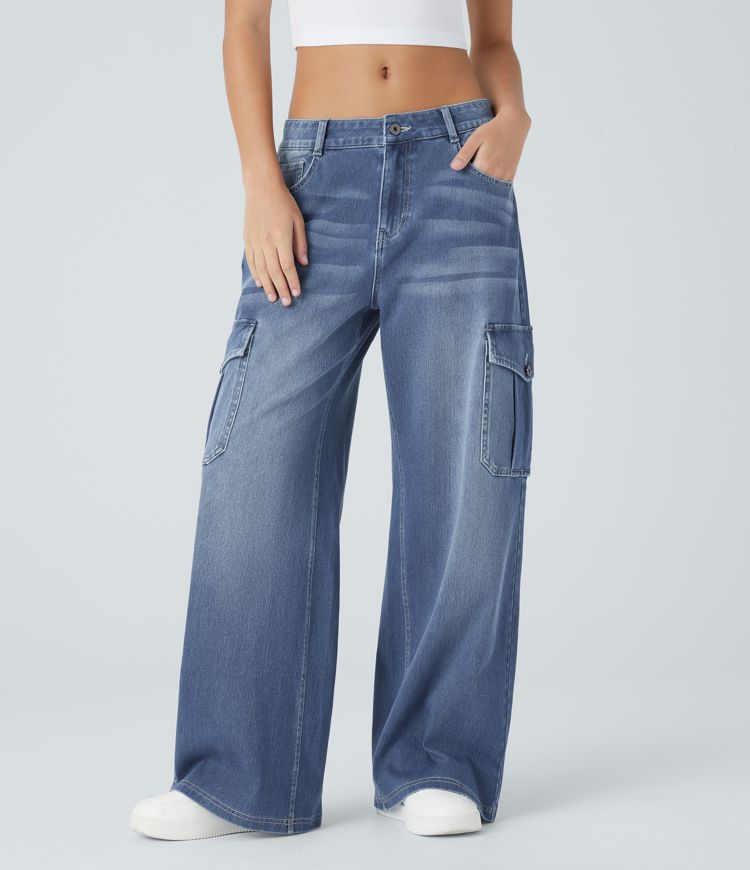 Halara Flex™ Low Rise Multiple Pockets Stretchy Knit Casual Baggy Wide Leg Cargo Jeans