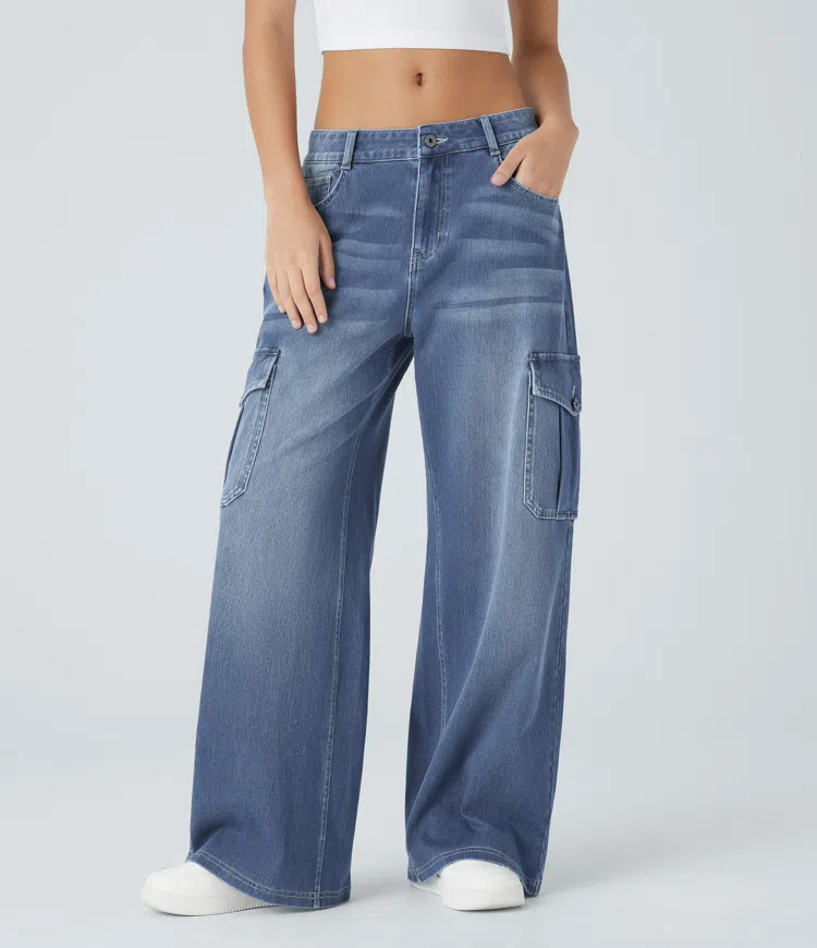 Halara Flex™ Low Rise Multiple Pockets Stretchy Knit Casual Baggy Wide Leg Cargo Jeans