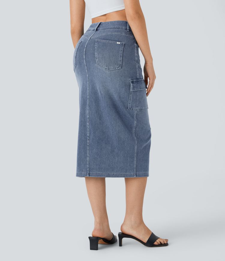Halara Flex™ Jupe en Jean cargo mi-longue tricot extensible lavé, taille haute, poches multiples, moulante avec fente