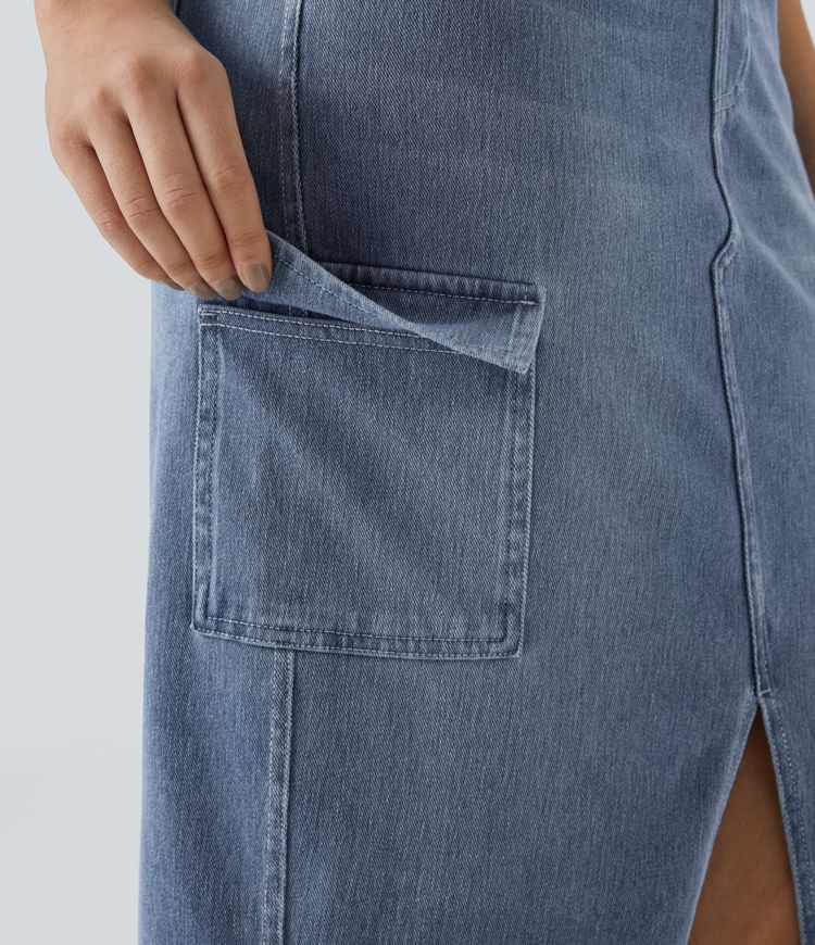 Halara Flex™ Jupe en Jean cargo mi-longue tricot extensible lavé, taille haute, poches multiples, moulante avec fente