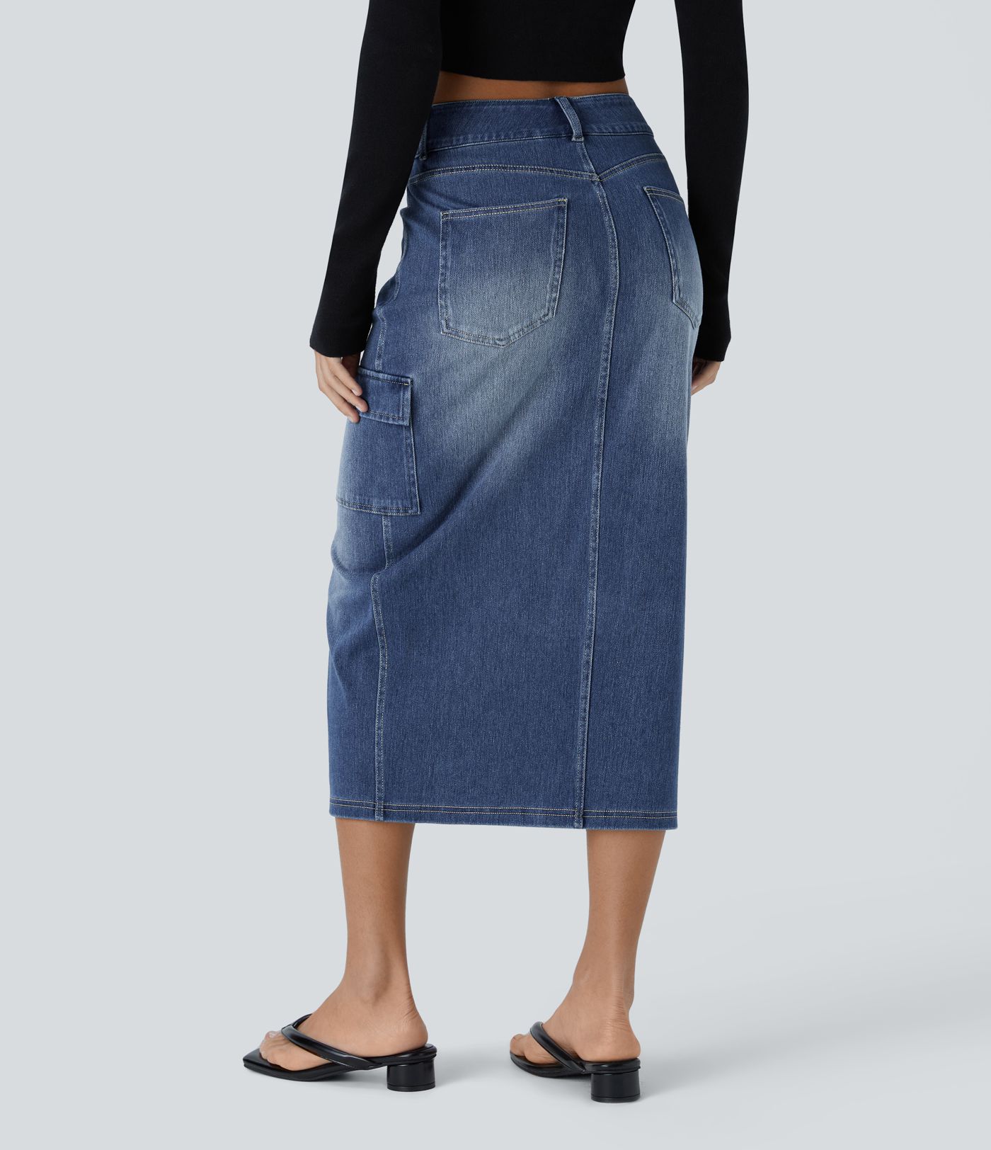 Halara Flex™ High Waisted Pockets Bodycon Washed Denim Midi Casual Cargo Skirt