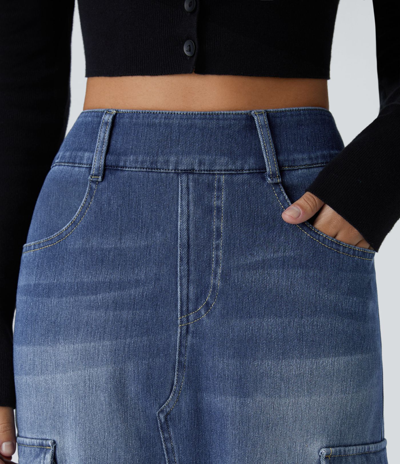 Halara Flex™ High Waisted Pockets Bodycon Washed Denim Midi Casual Cargo Skirt