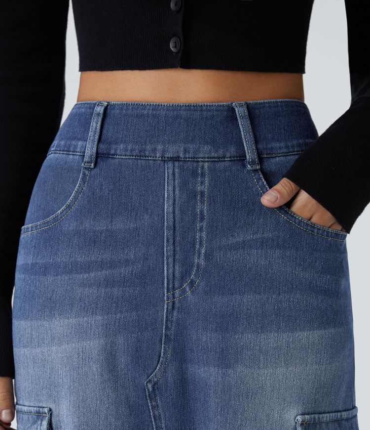 Halara Flex™ High Waisted Pockets Bodycon Washed Denim Midi Casual Cargo Skirt