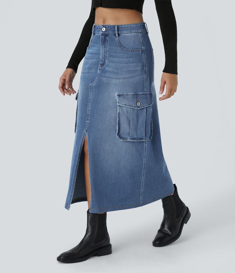 Halara Flex™ Jupe en Jean longue cargo extensible, taille mi-haute, coupe évasée, avec boutons, fermeture éclair, poches multiples et fente