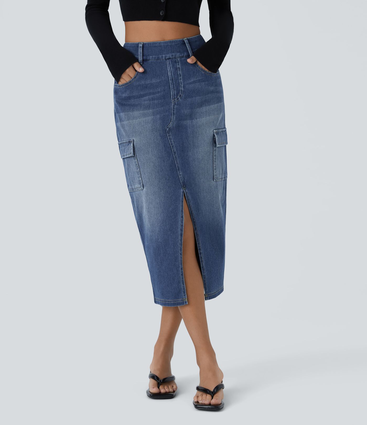 Halara Flex™ High Waisted Pockets Bodycon Washed Denim Midi Casual Cargo Skirt