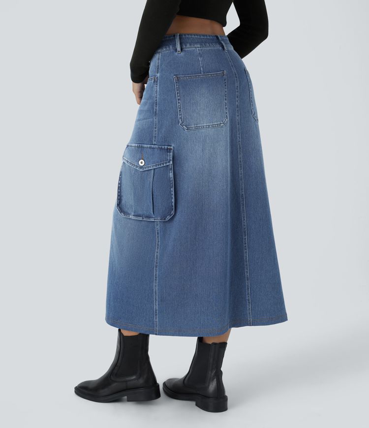 Halara Flex™ Jupe en Jean longue cargo extensible, taille mi-haute, coupe évasée, avec boutons, fermeture éclair, poches multiples et fente