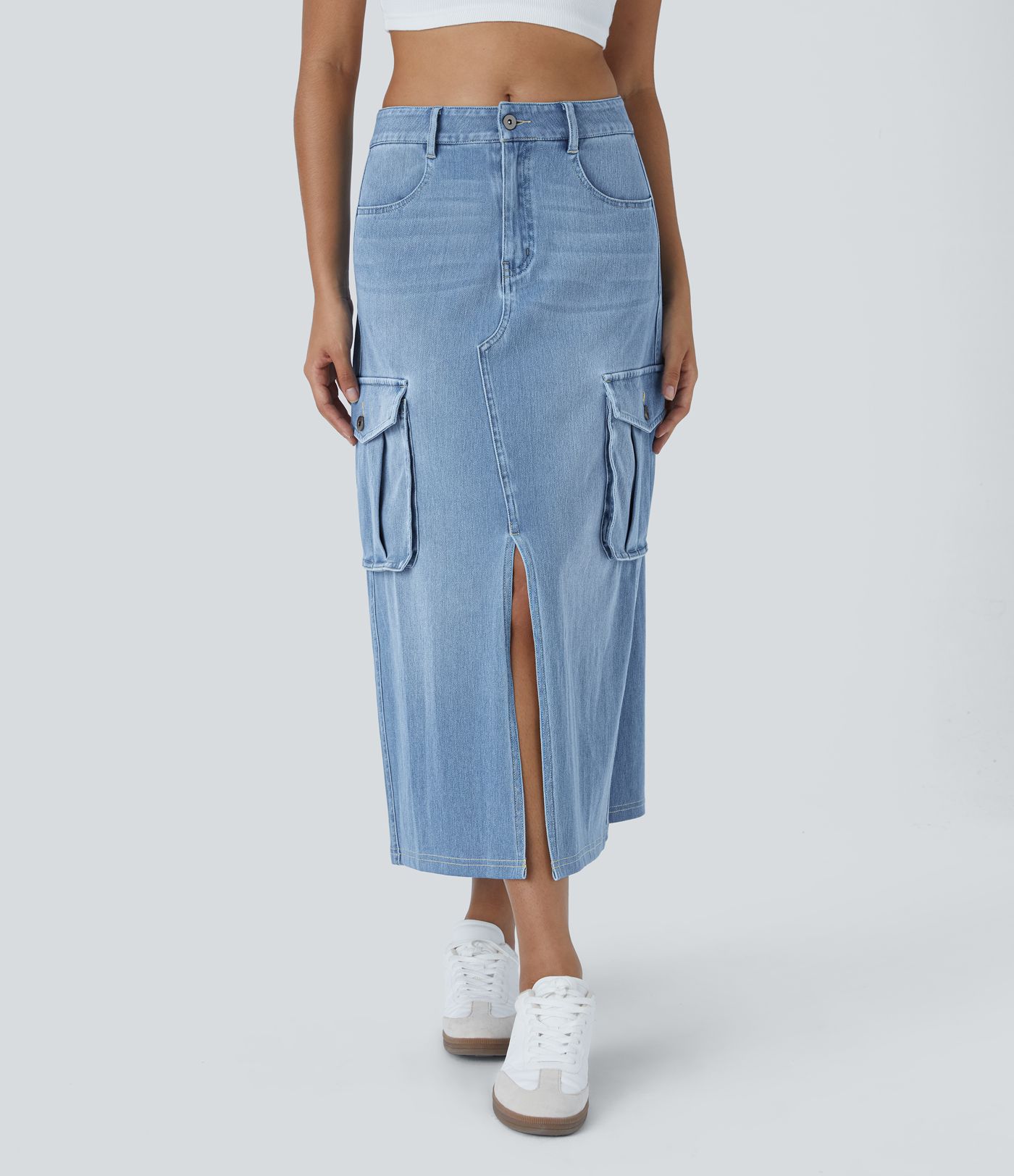 Halara Flex™ Jupe en Jean longue cargo extensible, taille mi-haute, coupe évasée, avec boutons, fermeture éclair, poches multiples et fente