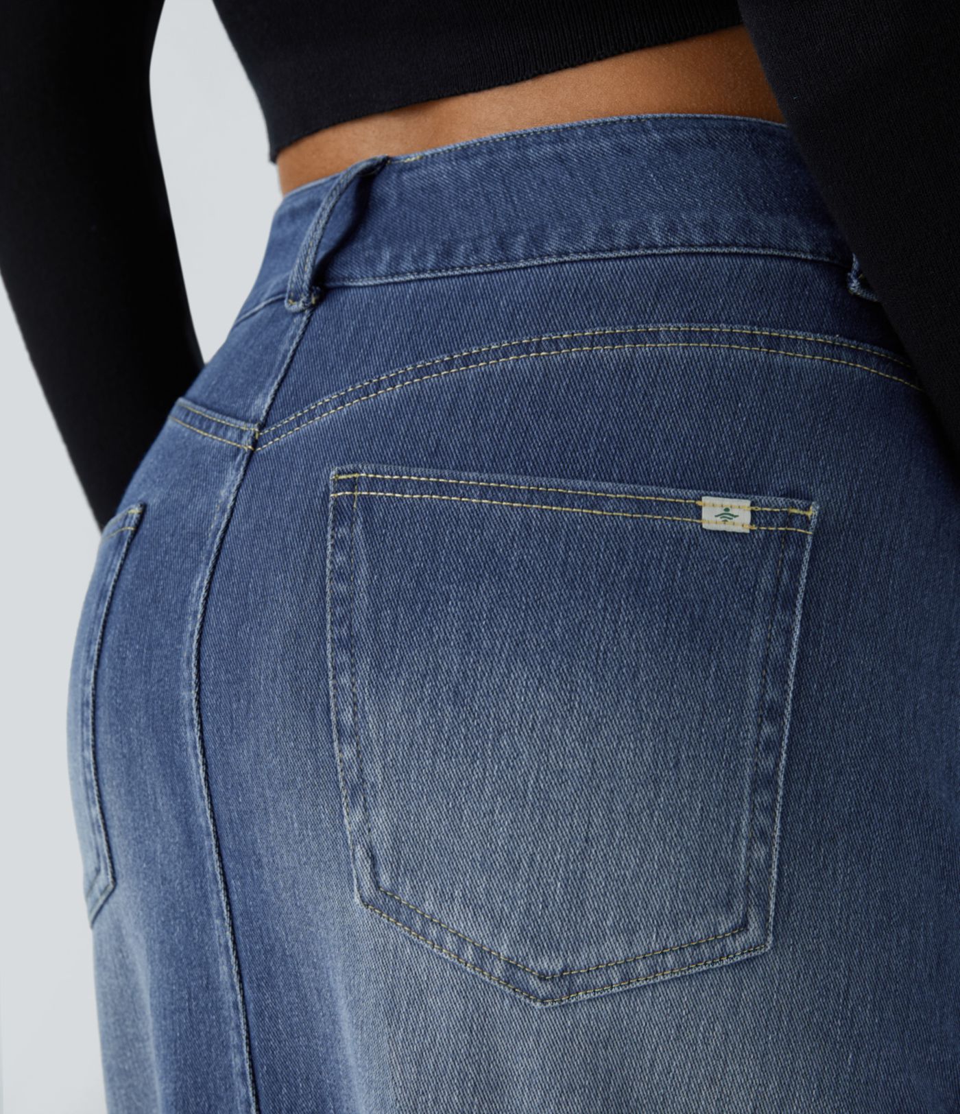 Halara Flex™ High Waisted Pockets Bodycon Washed Denim Midi Casual Cargo Skirt