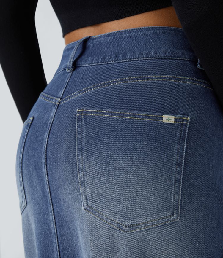 Halara Flex™ High Waisted Pockets Bodycon Washed Denim Midi Casual Cargo Skirt