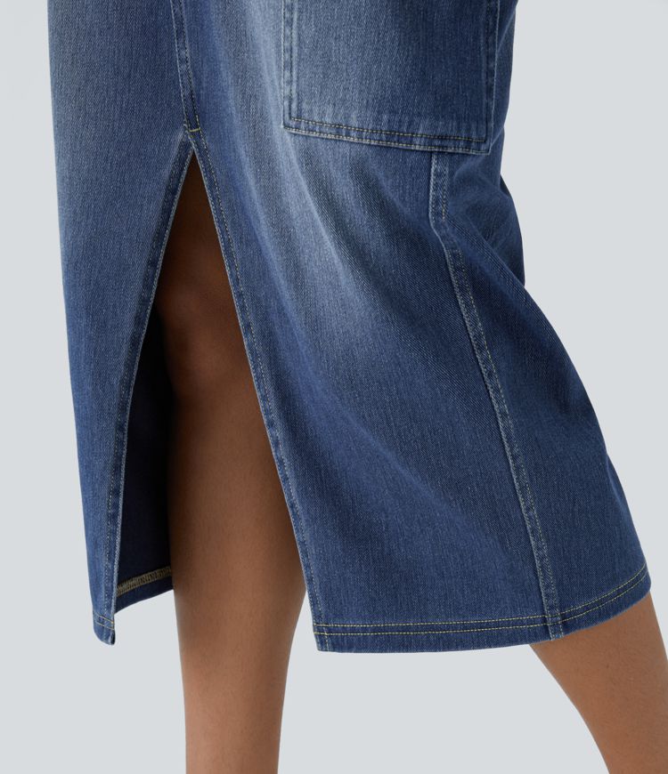 Halara Flex™ High Waisted Pockets Bodycon Washed Denim Midi Casual Cargo Skirt