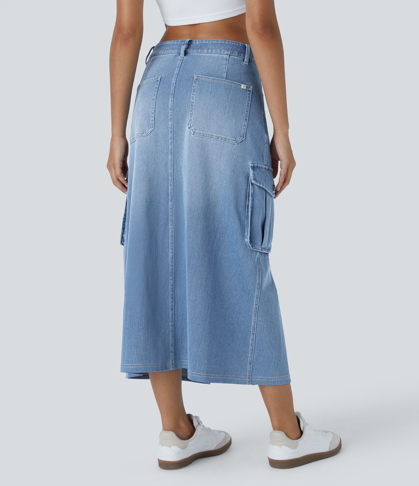 Halara Flex™ Jupe en Jean longue cargo extensible, taille mi-haute, coupe évasée, avec boutons, fermeture éclair, poches multiples et fente