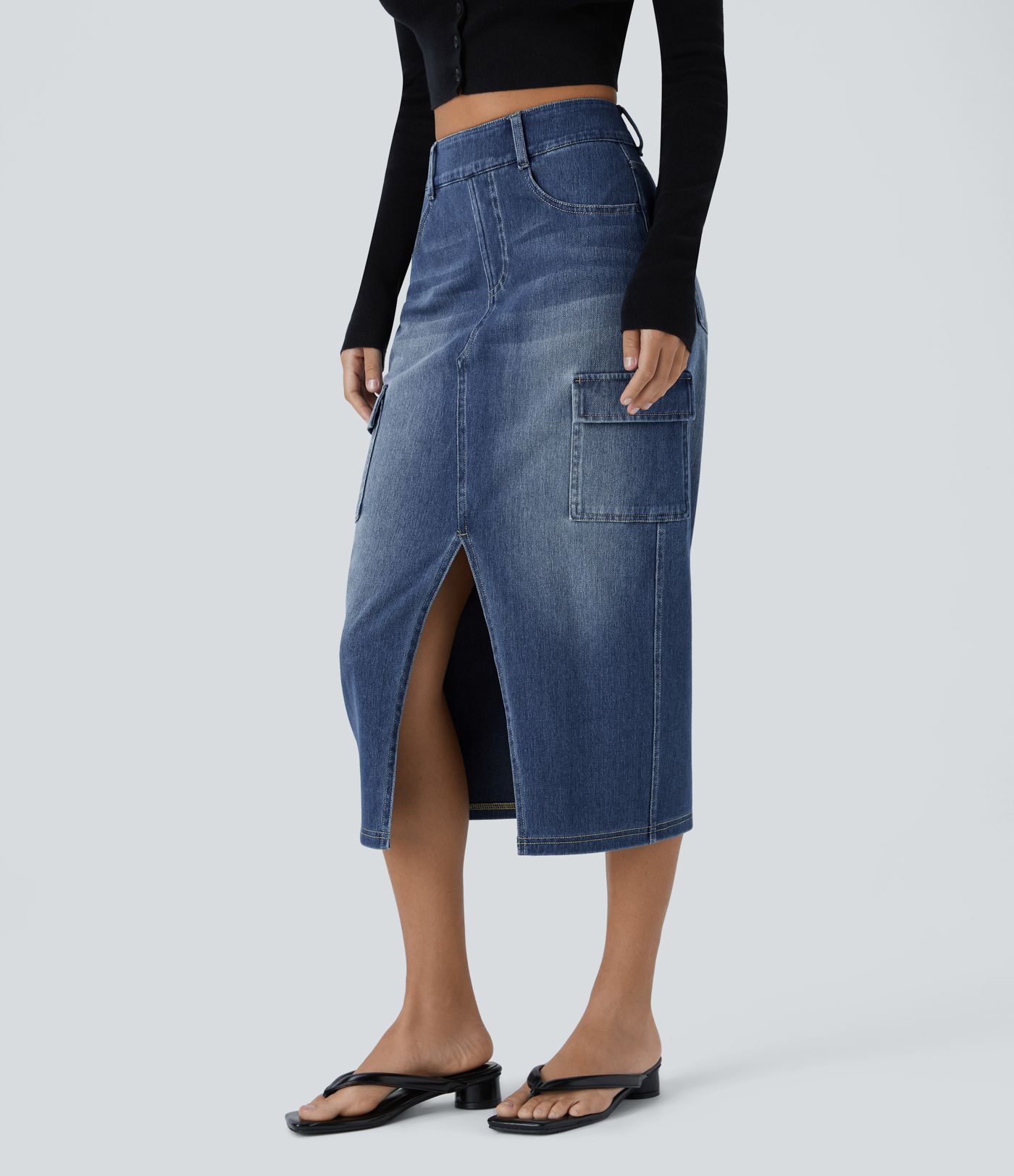 Halara Flex™ High Waisted Pockets Bodycon Washed Denim Midi Casual Cargo Skirt