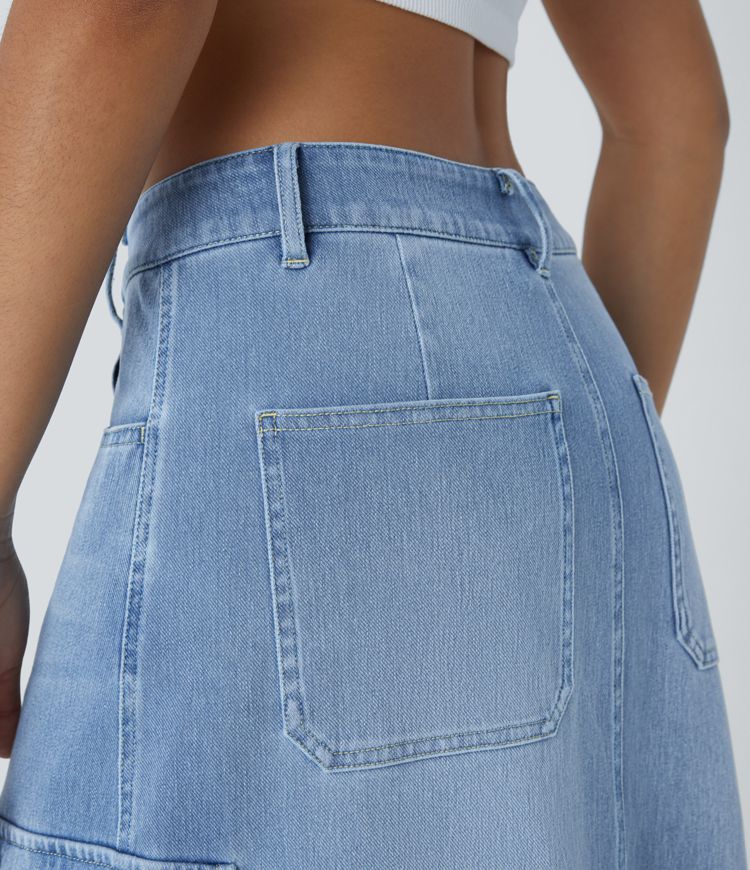 Halara Flex™ Jupe en Jean longue cargo extensible, taille mi-haute, coupe évasée, avec boutons, fermeture éclair, poches multiples et fente