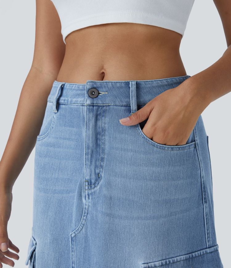 Halara Flex™ Jupe en Jean longue cargo extensible, taille mi-haute, coupe évasée, avec boutons, fermeture éclair, poches multiples et fente