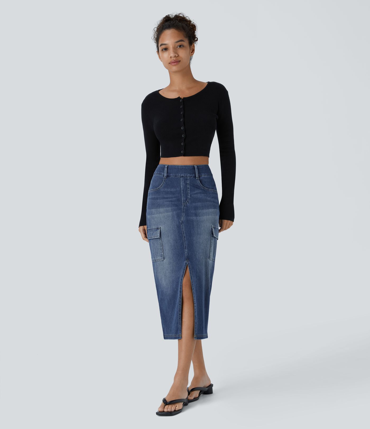 Halara Flex™ High Waisted Pockets Bodycon Washed Denim Midi Casual Cargo Skirt