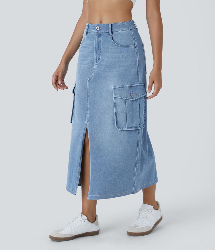 Halara Flex™ Jupe en Jean longue cargo extensible, taille mi-haute, coupe évasée, avec boutons, fermeture éclair, poches multiples et fente