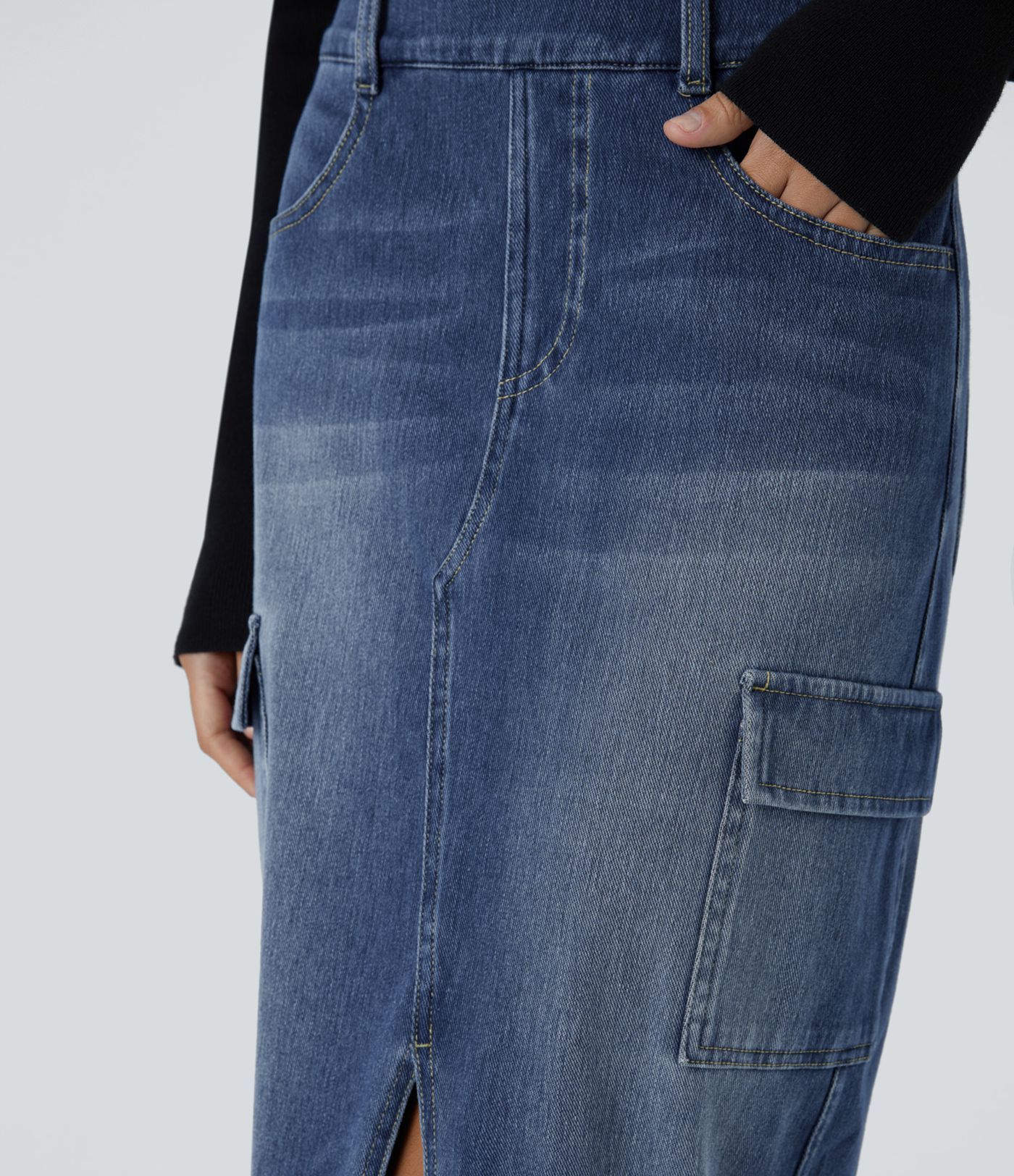 Halara Flex™ High Waisted Pockets Bodycon Washed Denim Midi Casual Cargo Skirt