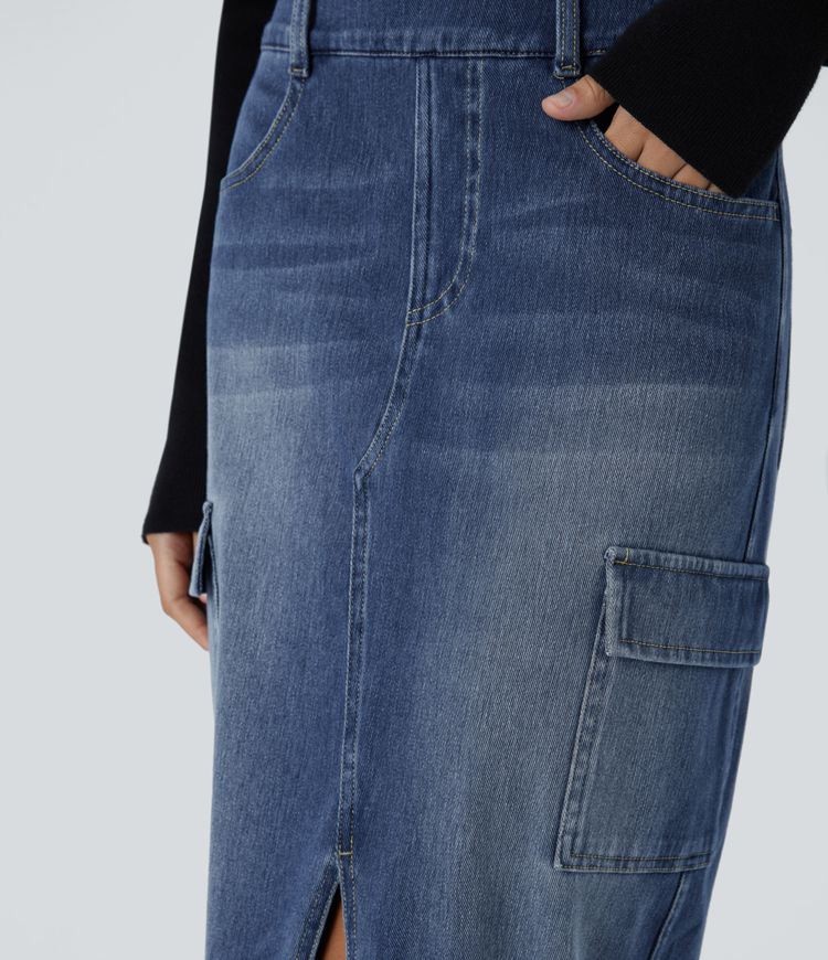 Halara Flex™ High Waisted Pockets Bodycon Washed Denim Midi Casual Cargo Skirt