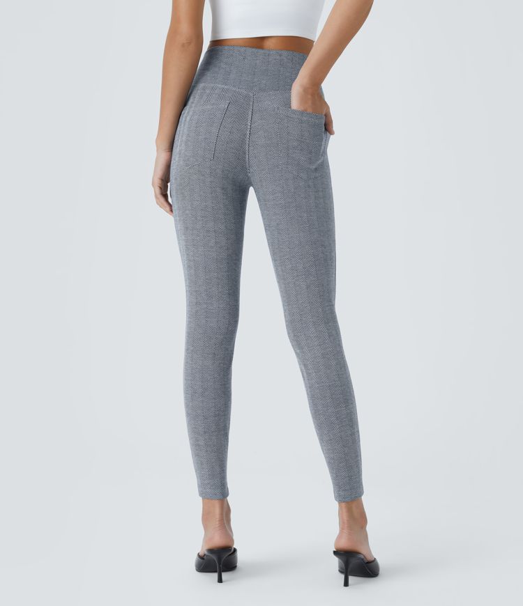 7/8-Crossover-Leggings mit hohem Bund, Gesäßtaschen und Fischgrätenmuster