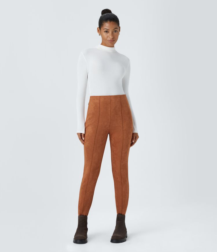 High Waisted Side Zipper Pocket Slim Suede Work Trousers