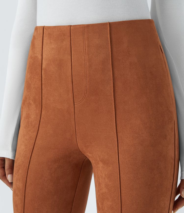 High Waisted Side Zipper Pocket Slim Suede Work Trousers