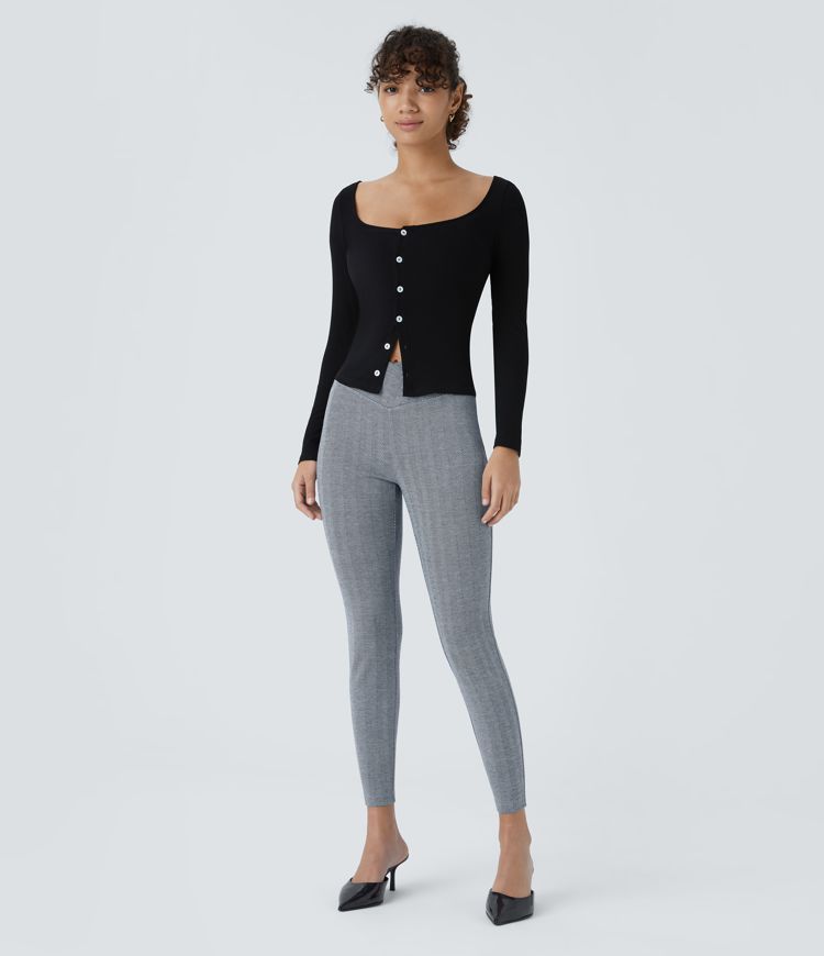 7/8-Crossover-Leggings mit hohem Bund, Gesäßtaschen und Fischgrätenmuster