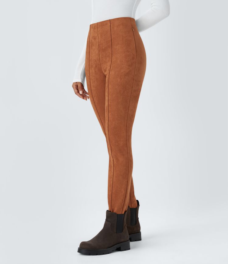 High Waisted Side Zipper Pocket Slim Suede Work Trousers