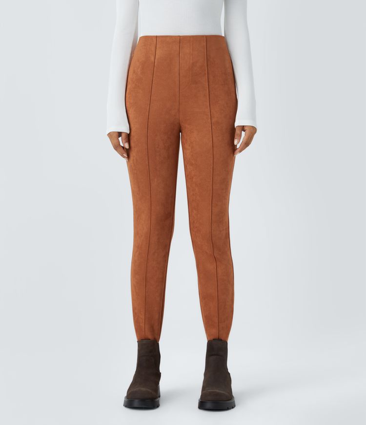 High Waisted Side Zipper Pocket Slim Suede Work Pants