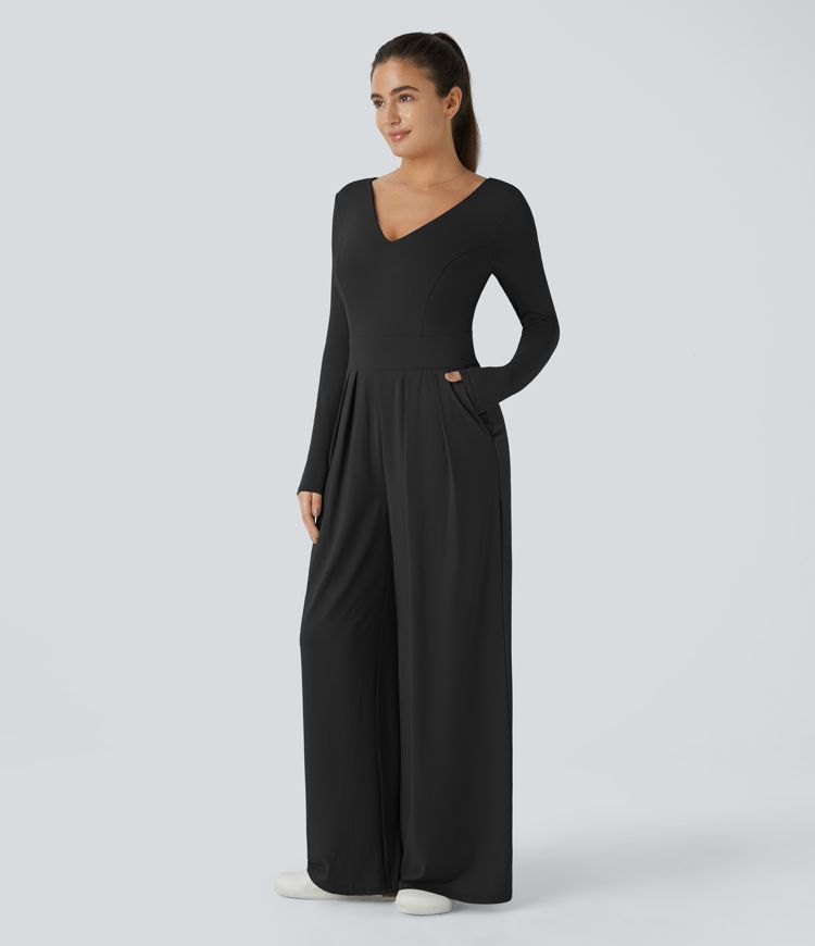 Combinaison Casual à Manches Longues Décolleté en V et Dos Nu Avec Poches Latérales Plissées et Jambes Larges