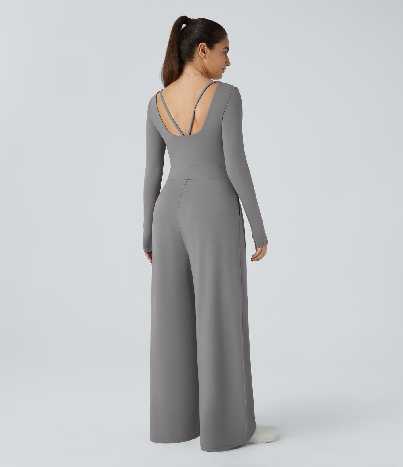 V Neck Long Sleeve Pocket Wide Leg Casual Jumpsuit