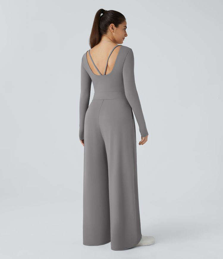 V Neck Long Sleeve Pocket Wide Leg Casual Jumpsuit