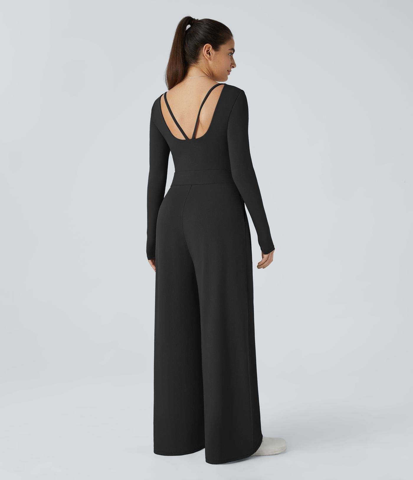 Combinaison Casual à Manches Longues Décolleté en V et Dos Nu Avec Poches Latérales Plissées et Jambes Larges