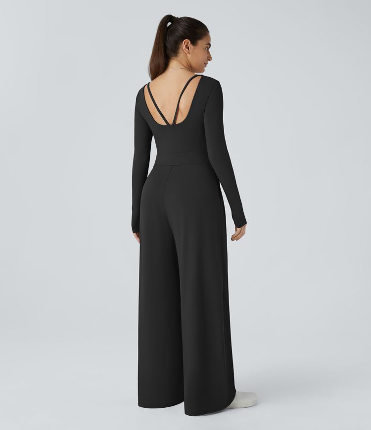 Combinaison Casual à Manches Longues Décolleté en V et Dos Nu Avec Poches Latérales Plissées et Jambes Larges