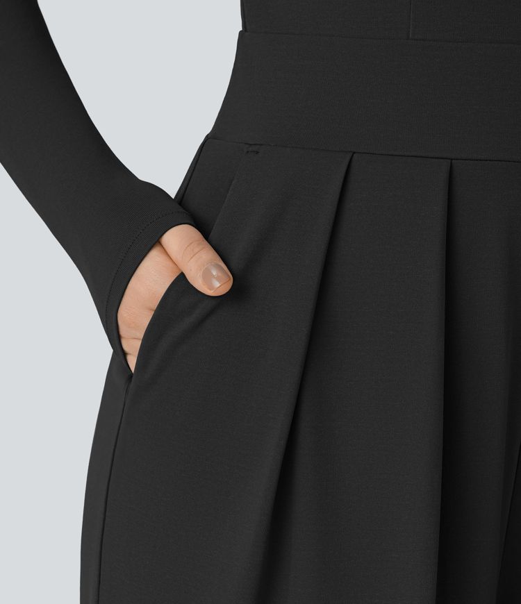 Combinaison Casual à Manches Longues Décolleté en V et Dos Nu Avec Poches Latérales Plissées et Jambes Larges