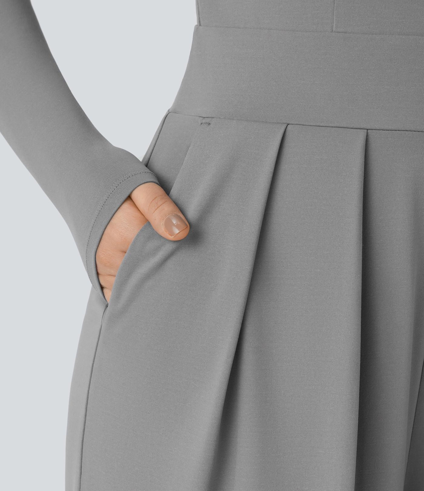 V Neck Long Sleeve Pocket Wide Leg Casual Jumpsuit