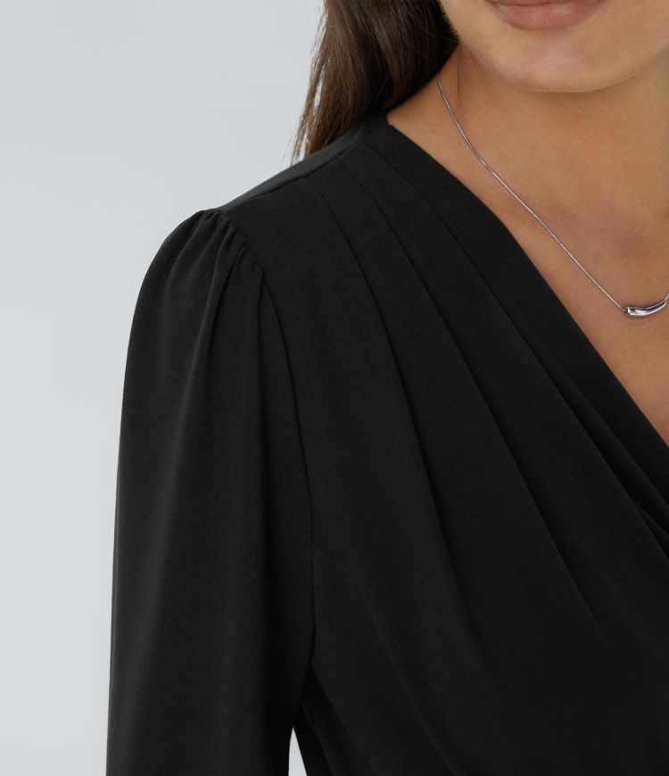 V Neck Crossover Long Sleeve Pocket Wide Leg Casual Jumpsuit