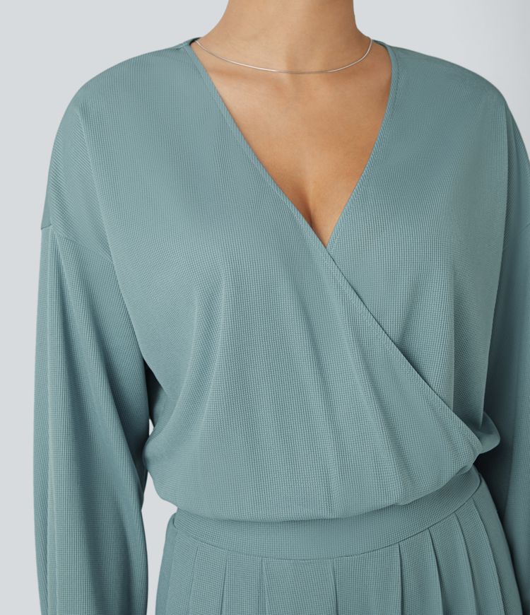 V Neck Long Sleeve Pleated Side Pocket Adjustable Drawstring Hem Waffle Casual Jumpsuit