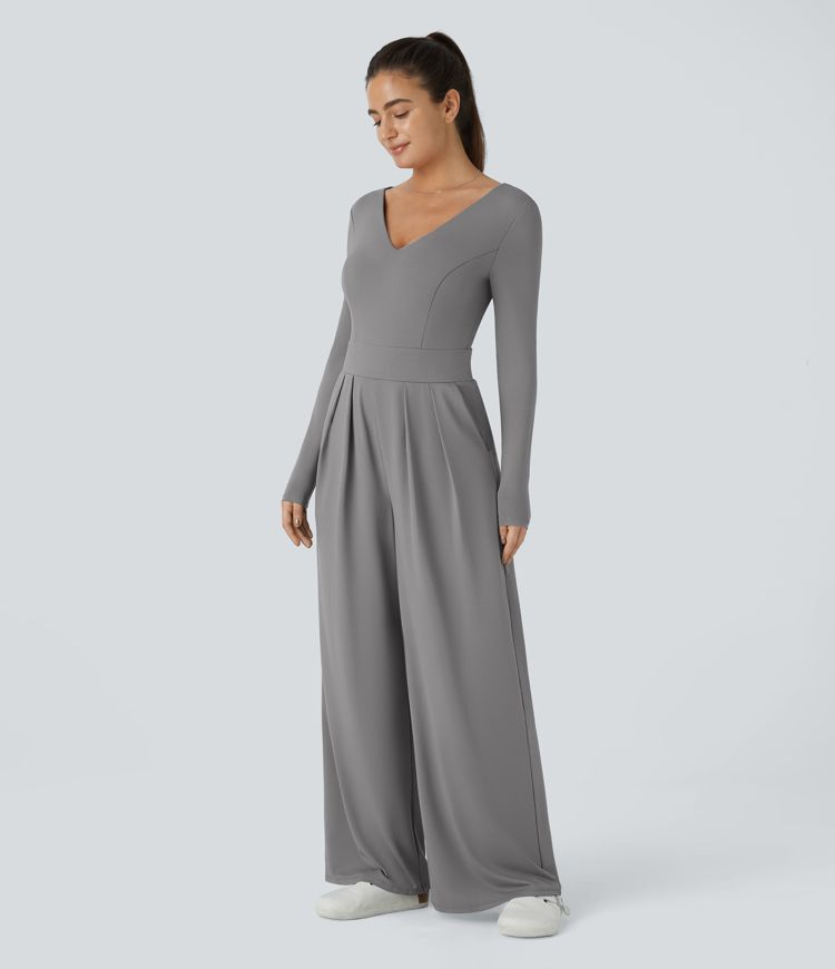 V Neck Long Sleeve Pocket Wide Leg Casual Jumpsuit