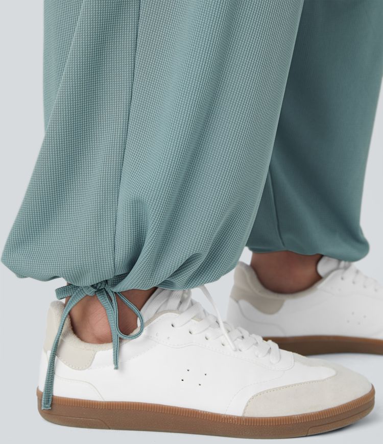 V Neck Long Sleeve Pleated Side Pocket Adjustable Drawstring Hem Waffle Casual Jumpsuit